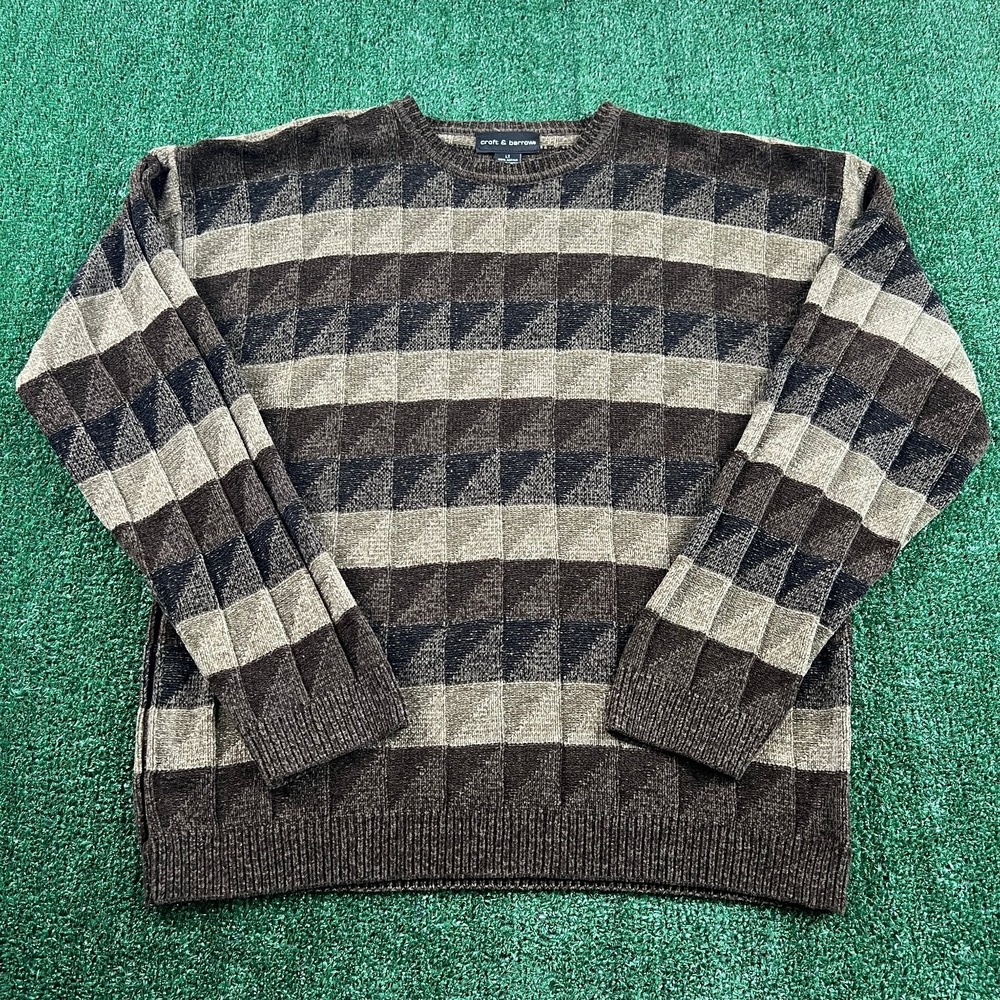 VTG Croft & Barrow Sweater Men's LT Large Tall Brown Acrylic Crewneck Stripe 90s